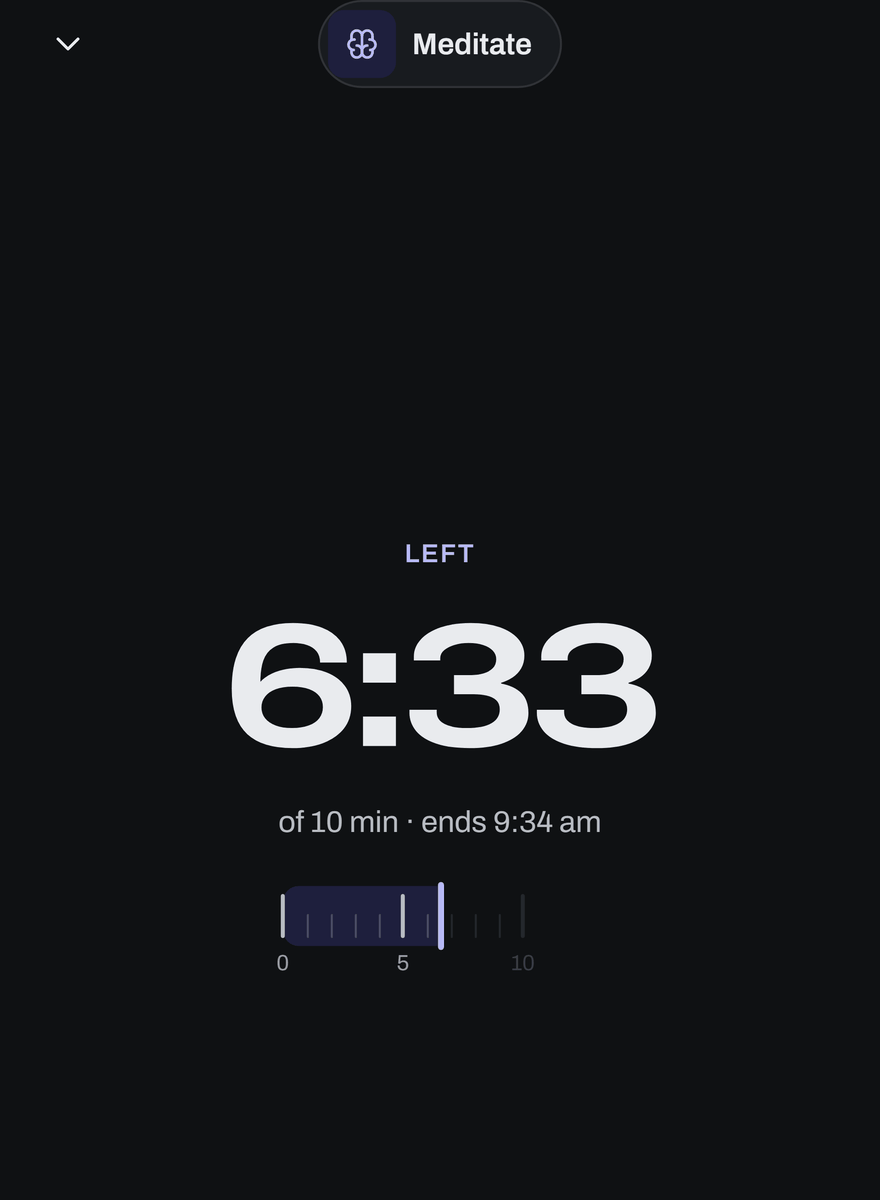 A habit's timer running: 6 minutes 33 seconds left of 10, with pause and one-minute buttons.