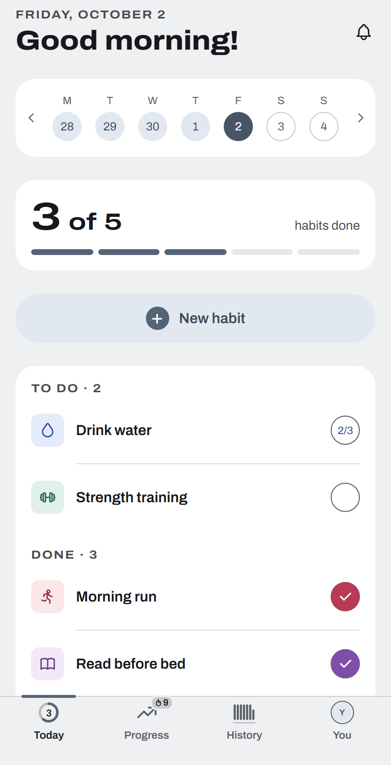 Nanbit's Today screen, with sample habits: 3 of 5 habits done, two habits to do and three done.