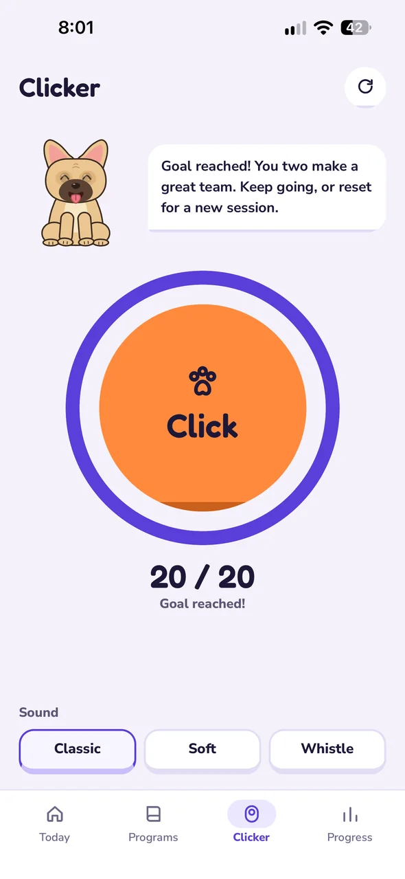Clicker screen: the orange Click button inside its progress ring, 20 of 20, goal reached