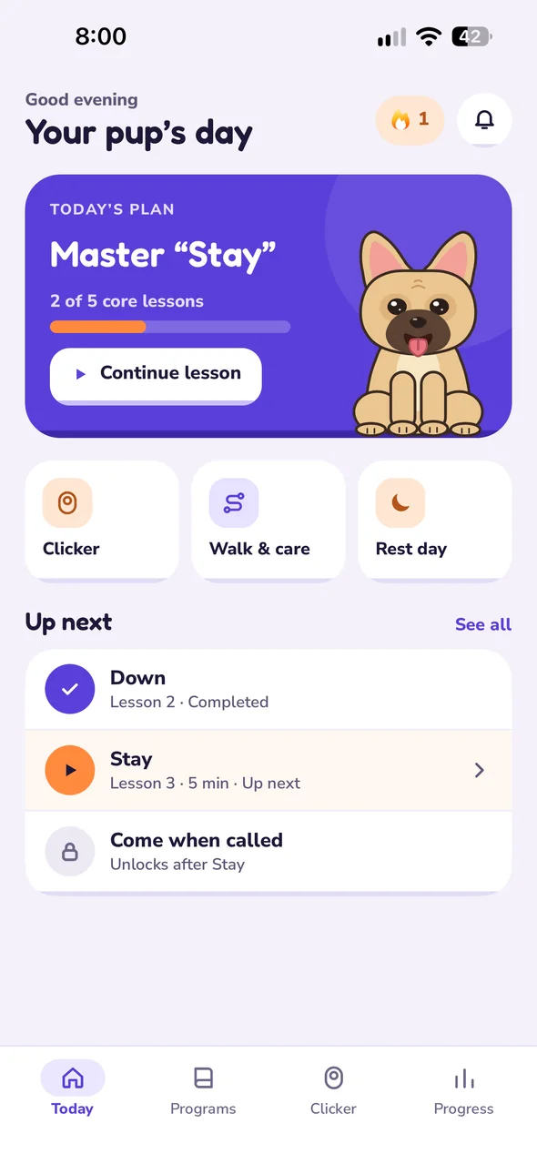 Today screen: today’s plan to master Stay, two of five core lessons done, with shortcuts to the clicker, walks and rest day