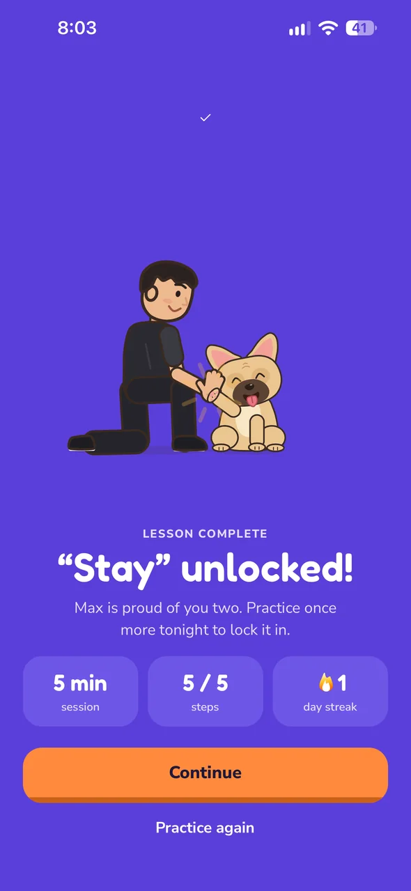 Lesson complete screen: Stay unlocked, 5 minutes, 5 of 5 steps