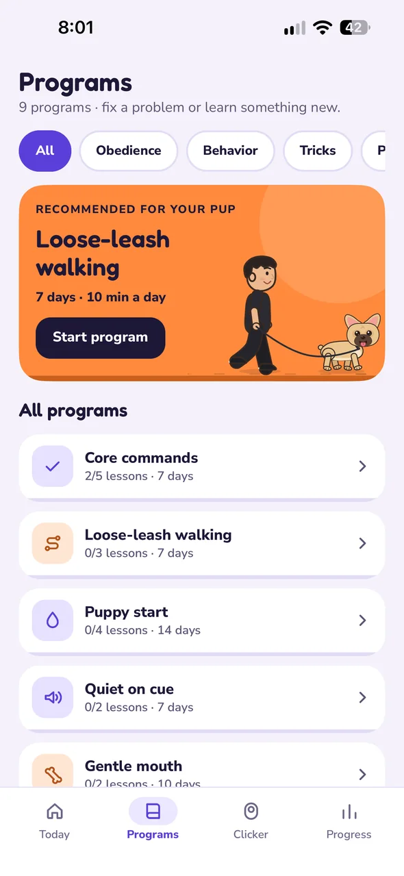 Programs screen: a recommended program and the list of all nine programs